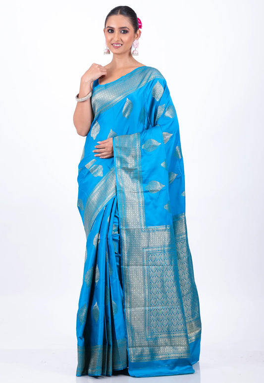 Feroza Blue Mashru Silk Saree with Blouse Piece - Adi Akshoy & Co.