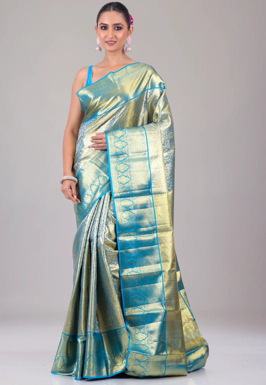 Rama Green Tissue Kanjivaram Pure Silk Saree With Blouse Piece - Adi Akshoy & Co.