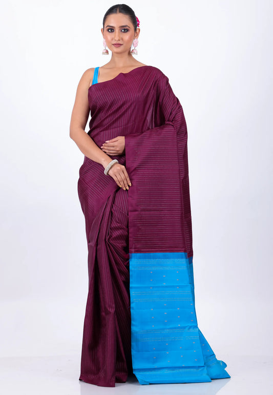 Magenta Pure Kanjivaram Silk Saree With Blouse Piece - Adi Akshoy & Co.