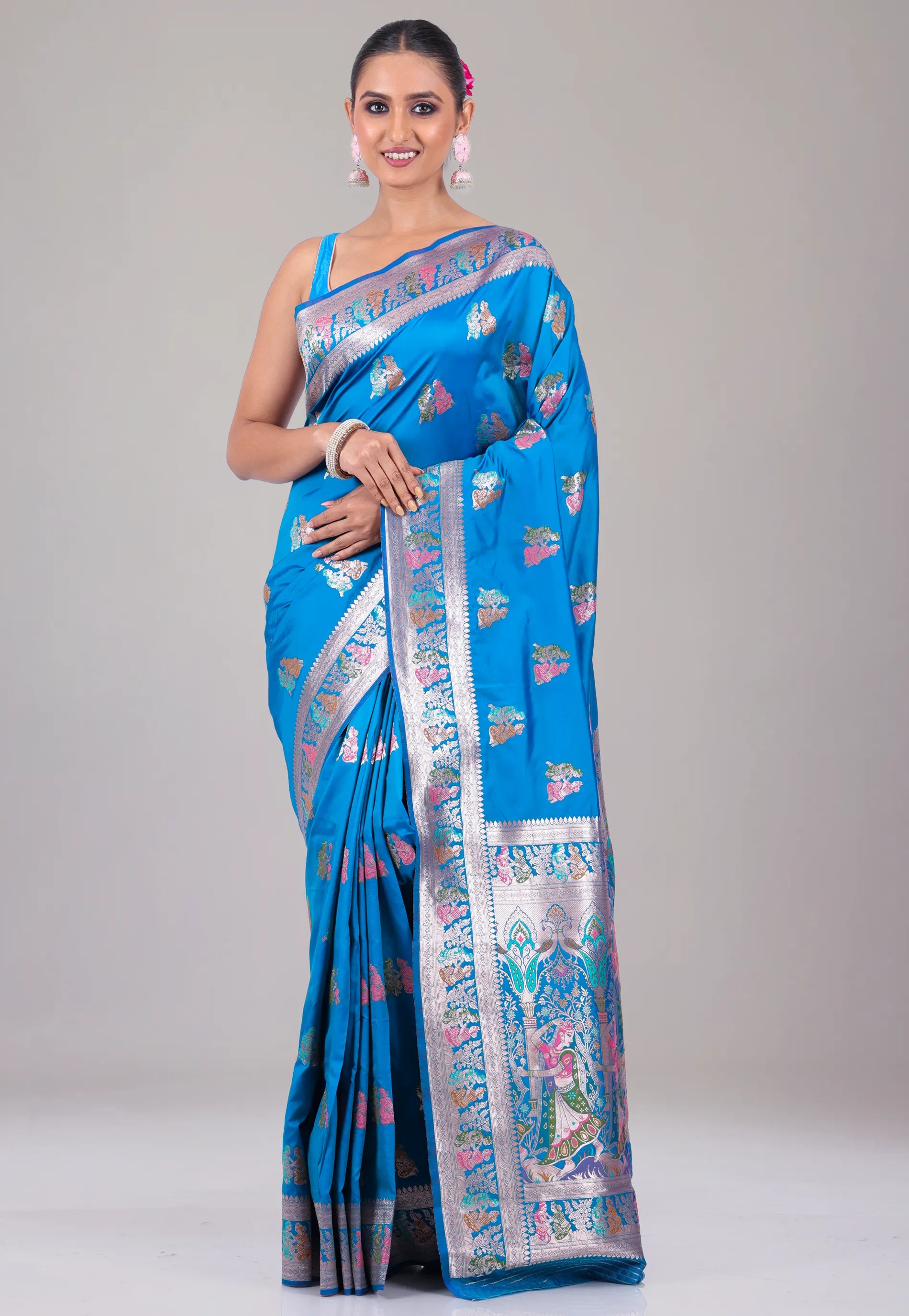 Feroza Blue Baluchari Silk Saree with Blouse Piece - Adi Akshoy & Co.