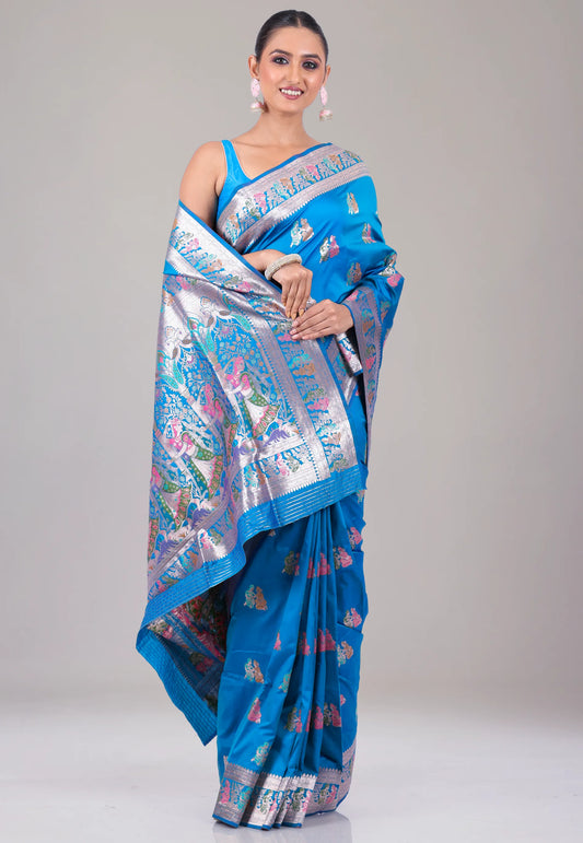 Feroza Blue Baluchari Silk Saree with Blouse Piece - Adi Akshoy & Co.