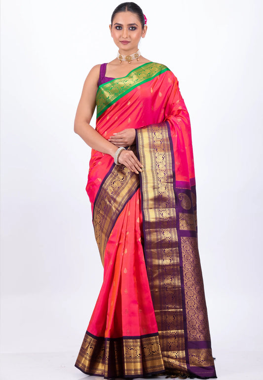 Cross Rani Pink with Green & purple Border Pure Gadwal Silk Saree With Blouse Piece - Adi Akshoy & Co.