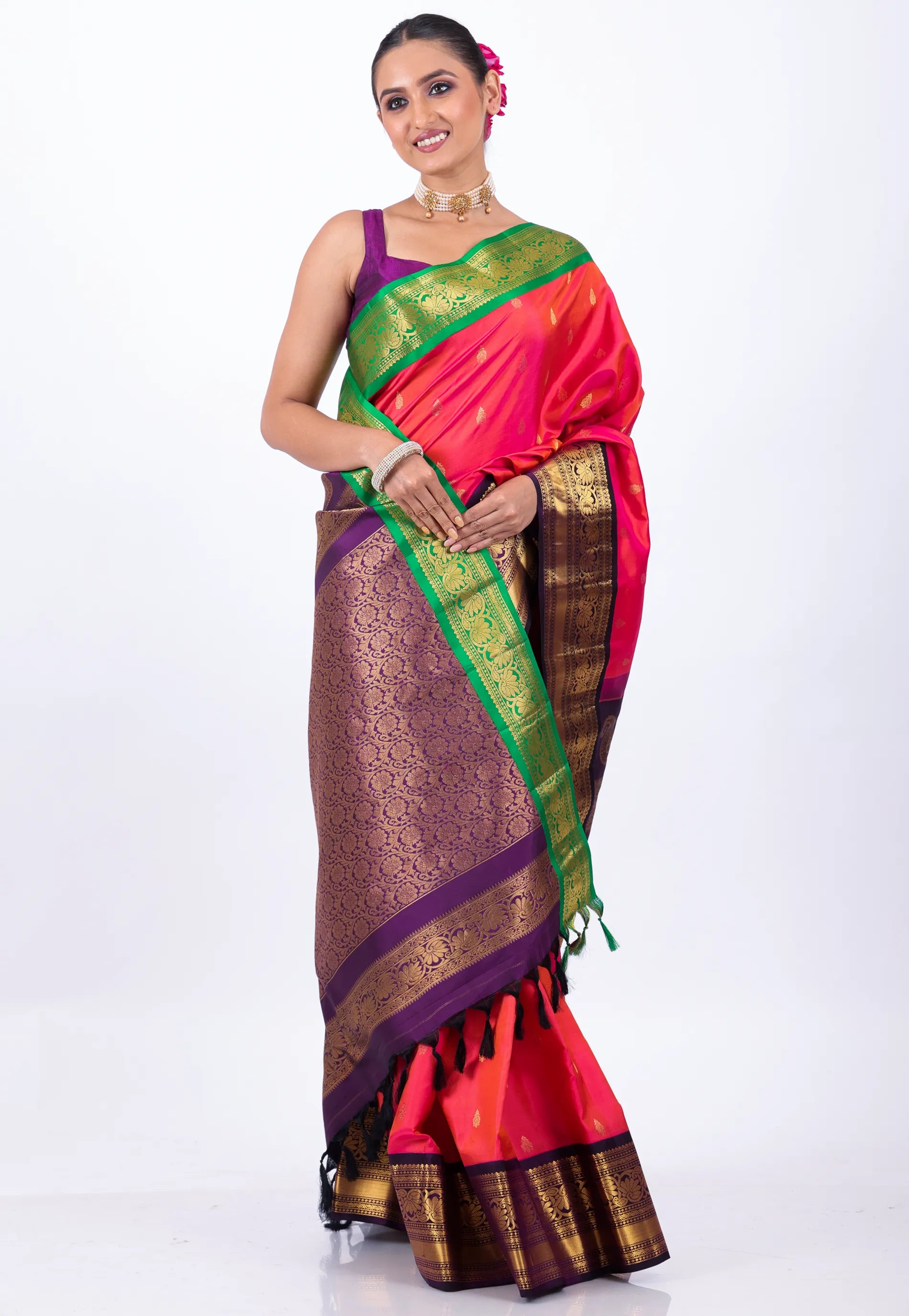 Cross Rani Pink with Green & purple Border Pure Gadwal Silk Saree With Blouse Piece - Adi Akshoy & Co.