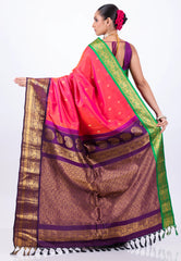 Cross Rani Pink with Green & purple Border Pure Gadwal Silk Saree With Blouse Piece - Adi Akshoy & Co.