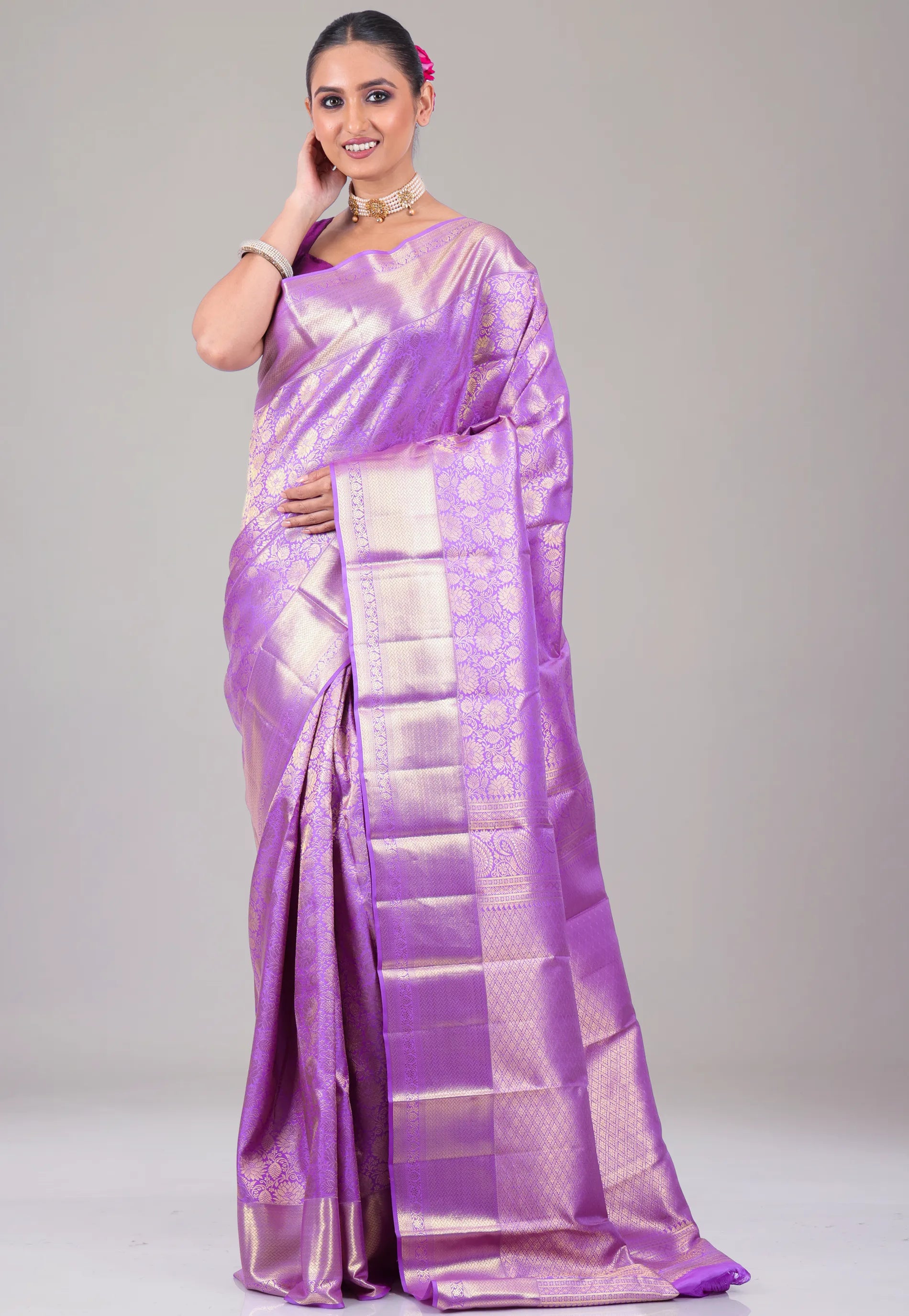 Mauve Pure Kanjivaram Silk Saree With Blouse Piece - Adi Akshoy & Co.