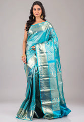 Turquoise Blue Pure Kanjivaram Silk Saree With Blouse Piece - Adi Akshoy & Co.
