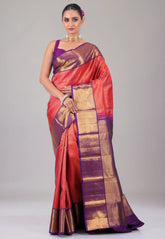 Rani Pink with Purple Border Pure Kanjivaram Silk Saree With Blouse Piece - Adi Akshoy & Co.