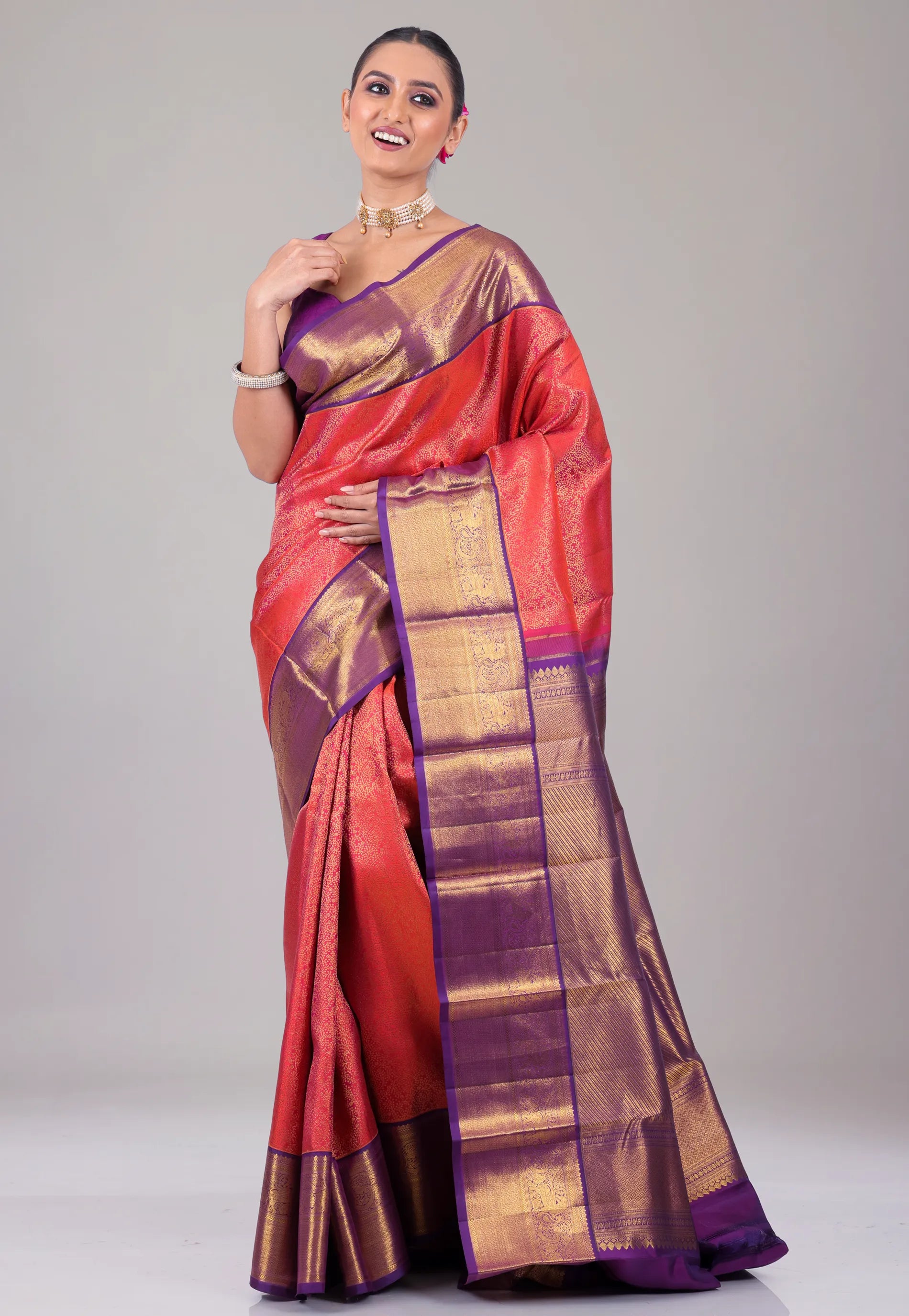 Rani Pink with Purple Border Pure Kanjivaram Silk Saree With Blouse Piece - Adi Akshoy & Co.