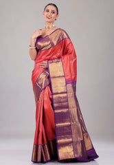 Rani Pink with Purple Border Pure Kanjivaram Silk Saree With Blouse Piece - Adi Akshoy & Co.