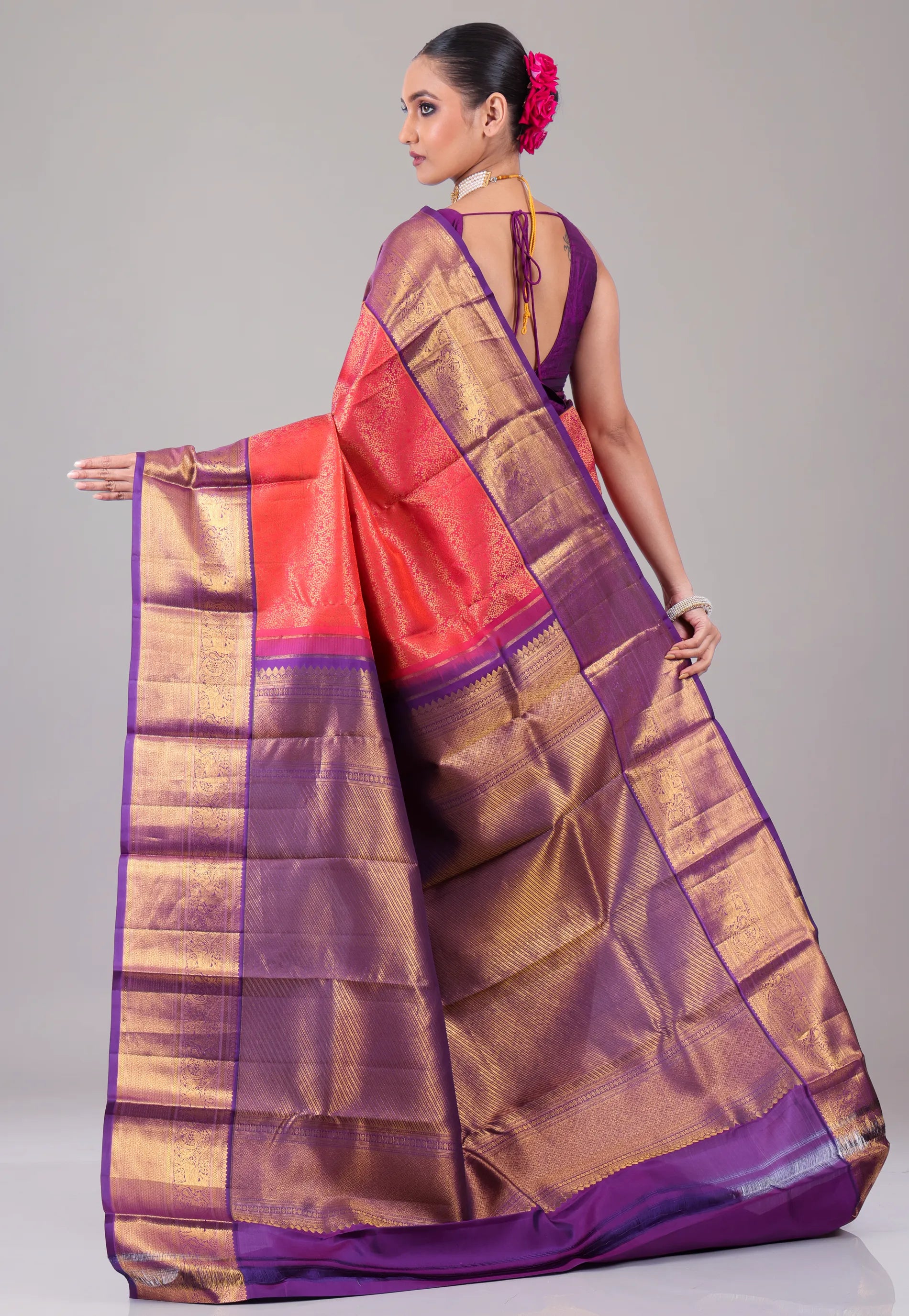 Rani Pink with Purple Border Pure Kanjivaram Silk Saree With Blouse Piece - Adi Akshoy & Co.