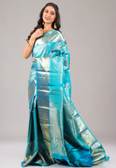 Turquoise Blue Pure Kanjivaram Silk Saree With Blouse Piece - Adi Akshoy & Co.