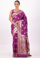 Purple with Zari Work Baluchari Silk Saree With Blouse Piece - Adi Akshoy & Co.