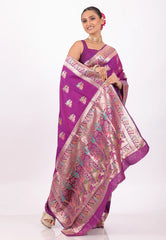 Purple with Zari Work Baluchari Silk Saree With Blouse Piece - Adi Akshoy & Co.