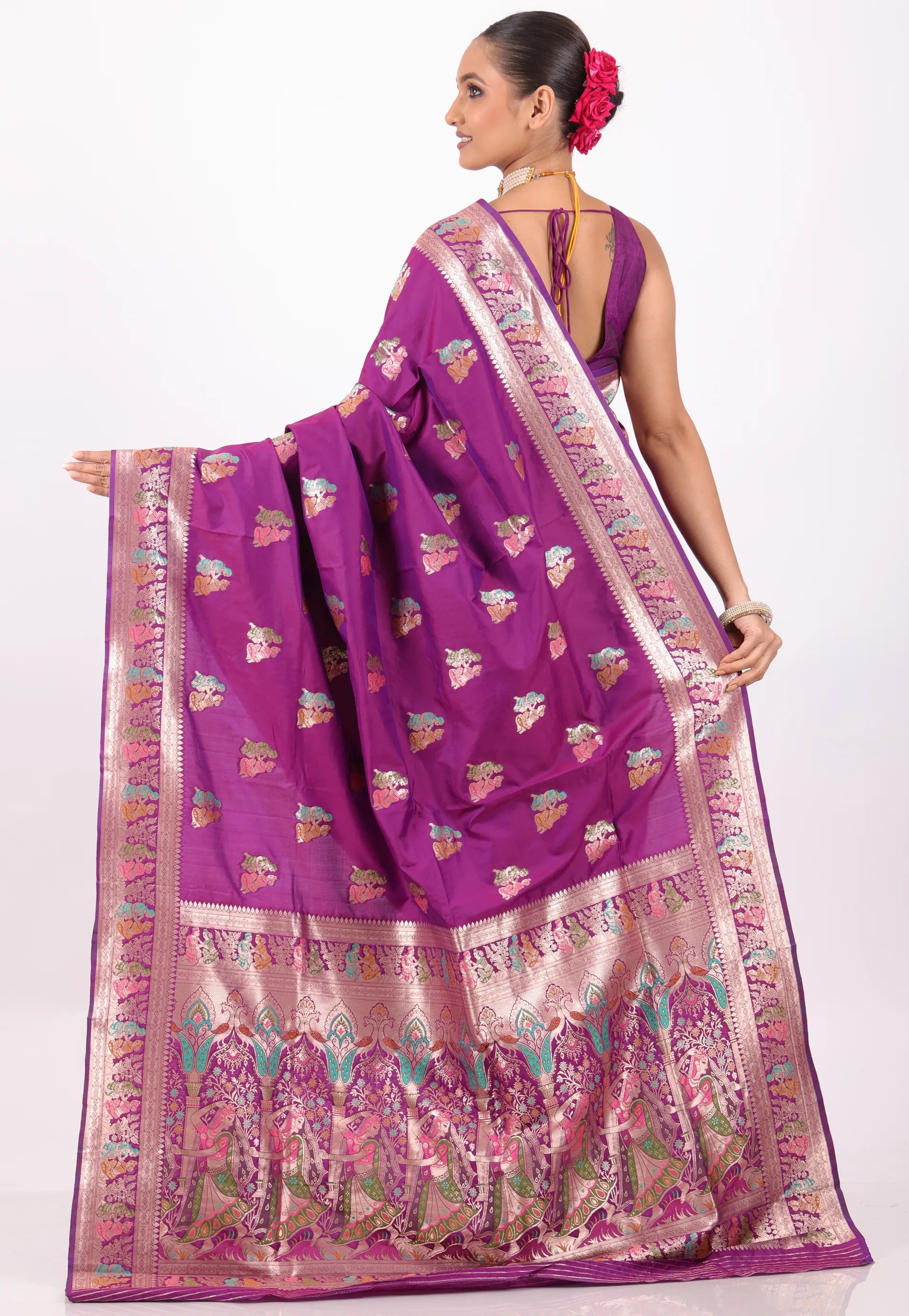 Purple with Zari Work Baluchari Silk Saree With Blouse Piece - Adi Akshoy & Co.