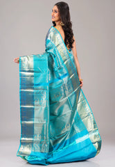 Turquoise Blue Pure Kanjivaram Silk Saree With Blouse Piece - Adi Akshoy & Co.