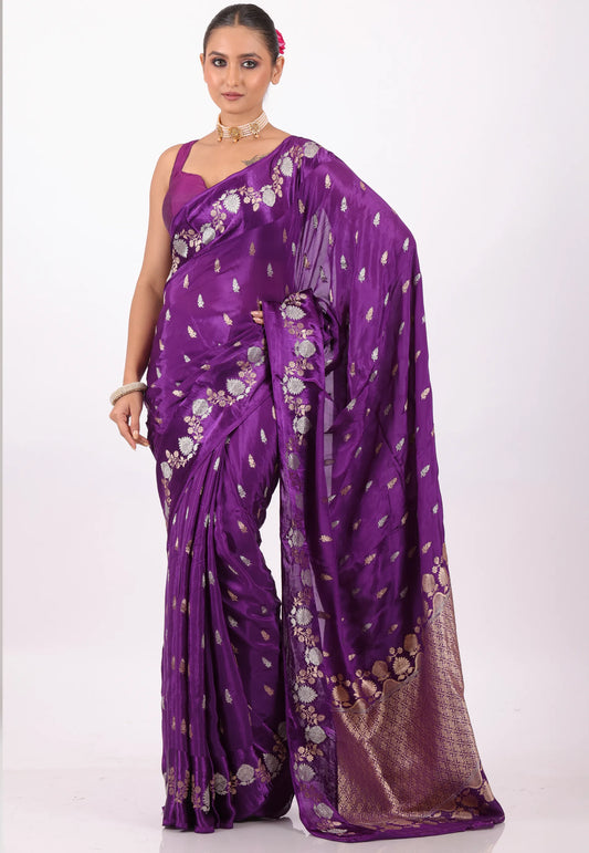 Purple with Golden Silver Zari Work Mashru Silk Saree with Blouse Piece - Adi Akshoy & Co.