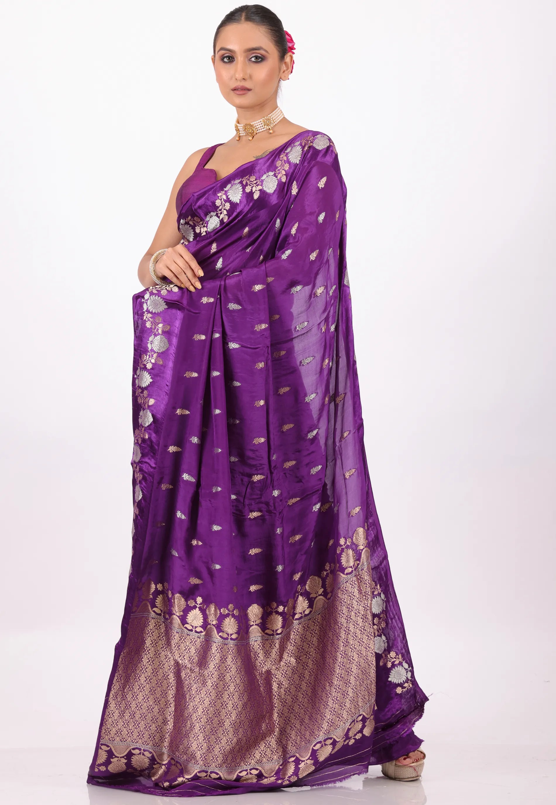 Purple with Golden Silver Zari Work Mashru Silk Saree with Blouse Piece - Adi Akshoy & Co.