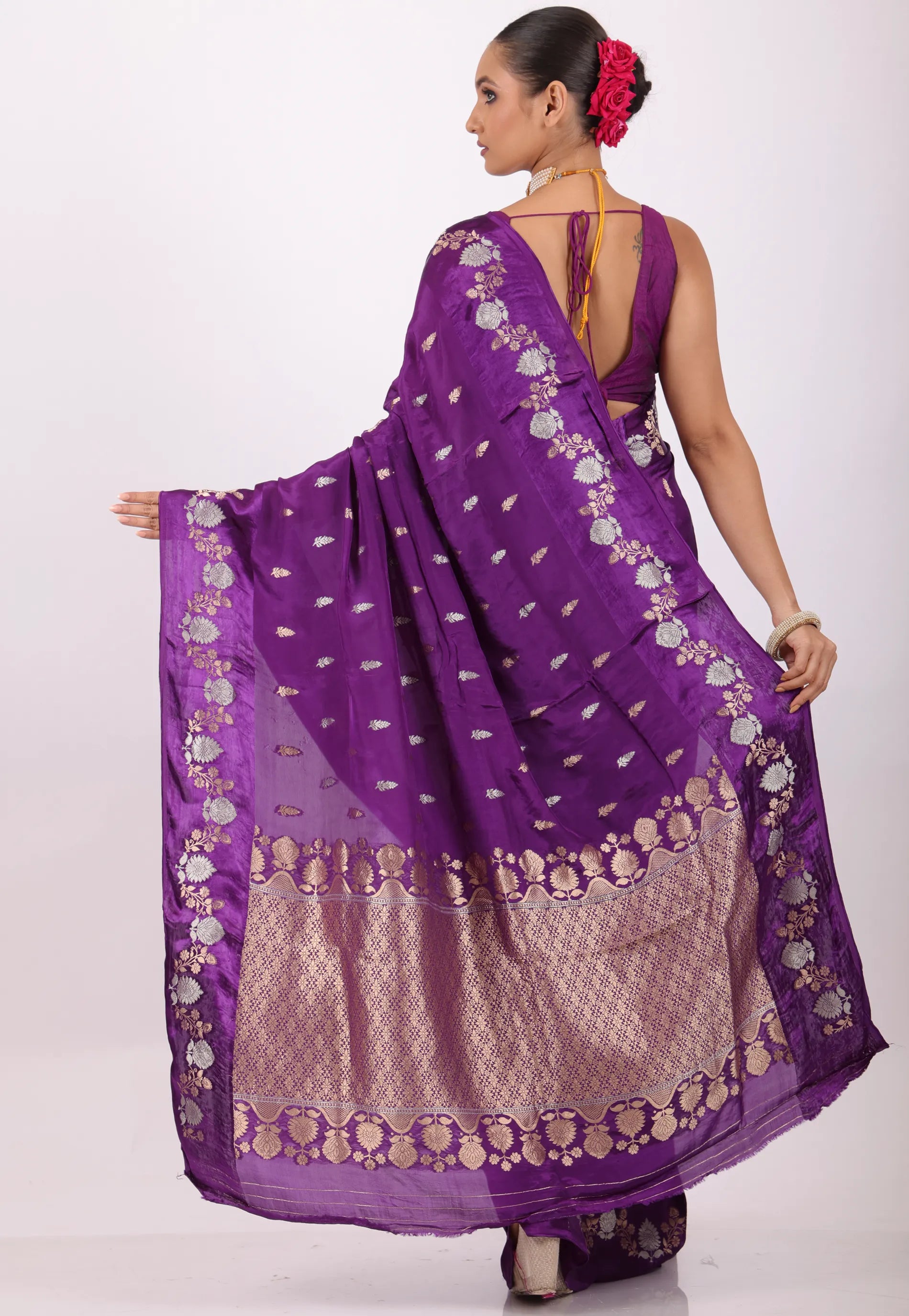 Purple with Golden Silver Zari Work Mashru Silk Saree with Blouse Piece - Adi Akshoy & Co.
