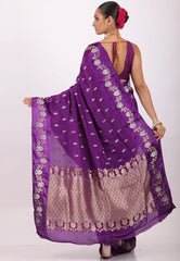 Purple with Golden Silver Zari Work Mashru Silk Saree with Blouse Piece - Adi Akshoy & Co.