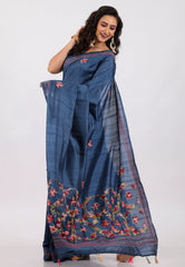 Deep Blue Handwoven Kantha Silk Saree With Blouse Piece - Adi Akshoy & Co.