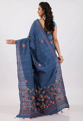 Deep Blue Handwoven Kantha Silk Saree With Blouse Piece - Adi Akshoy & Co.