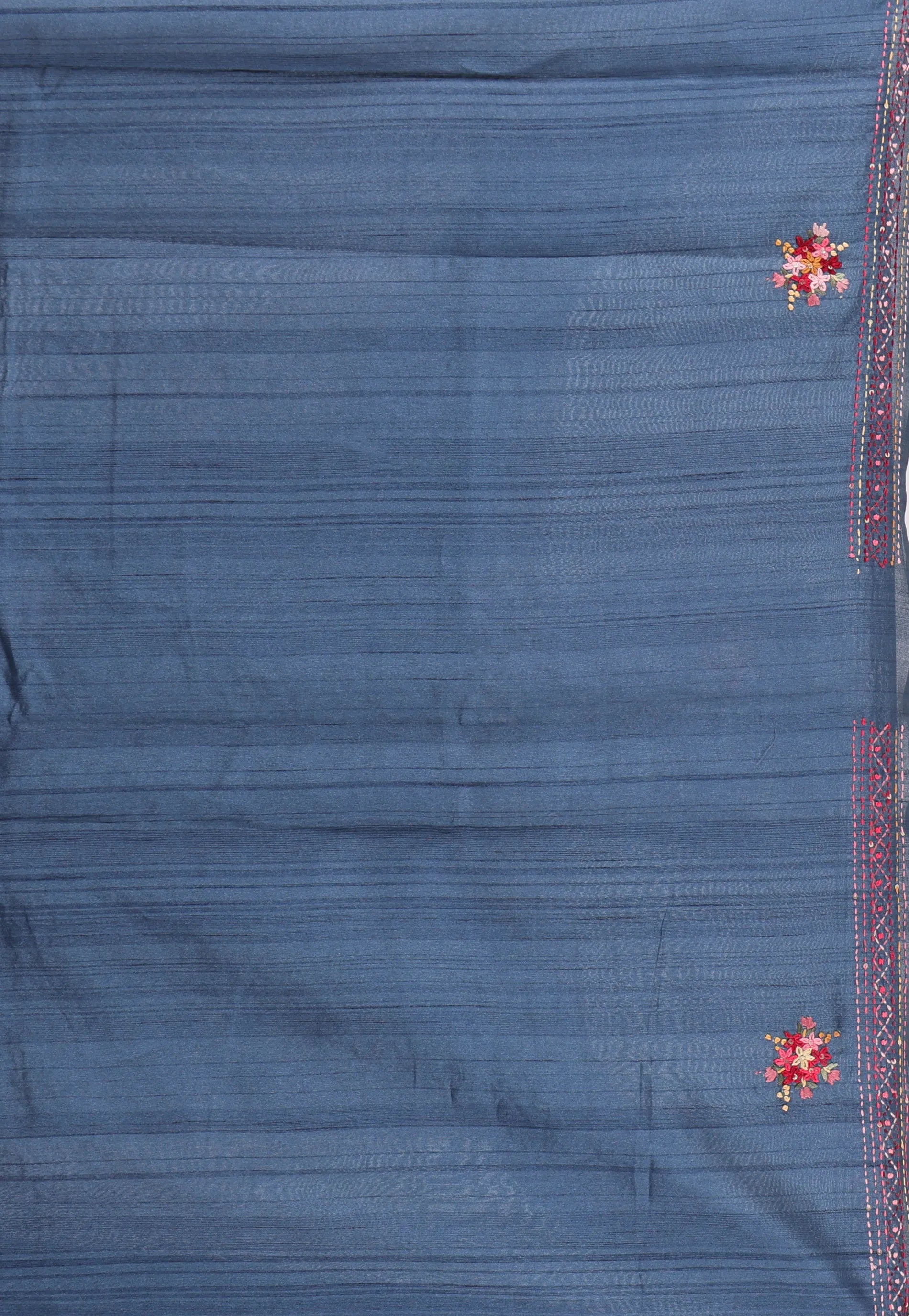 Deep Blue Handwoven Kantha Silk Saree With Blouse Piece - Adi Akshoy & Co.