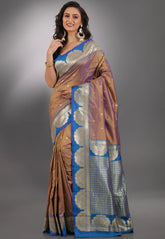 Dual Shades of Mustard and Purple Kanjivaram Silk Saree With Blouse Piece - Adi Akshoy & Co.