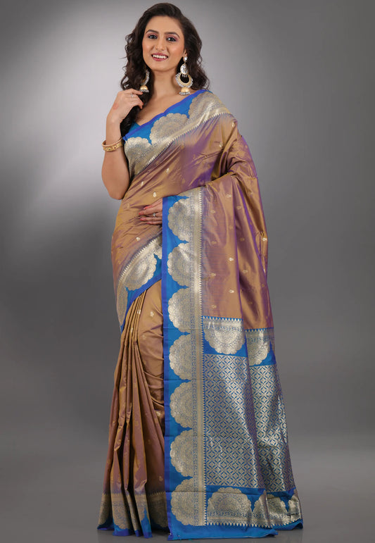 Dual Shades of Mustard and Purple Kanjivaram Silk Saree With Blouse Piece - Adi Akshoy & Co.