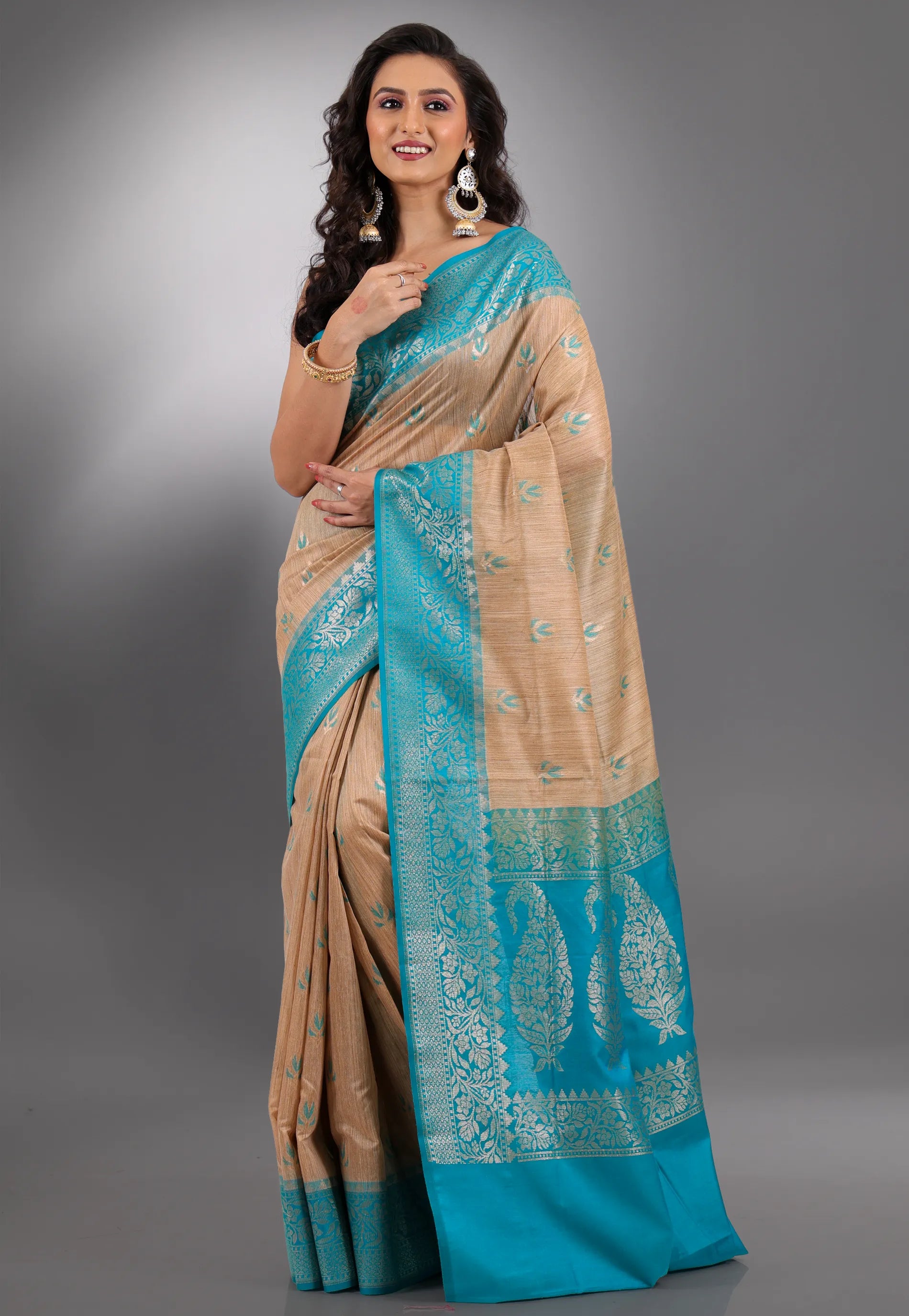 Beige with Sea Blue Border Tussar Silk Saree with Blouse Piece - Adi Akshoy & Co.