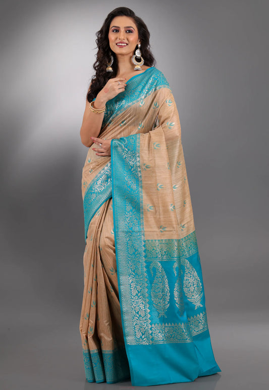 Beige with Sea Blue Border Tussar Silk Saree with Blouse Piece - Adi Akshoy & Co.