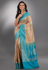 Beige with Sea Blue Border Tussar Silk Saree with Blouse Piece - Adi Akshoy & Co.