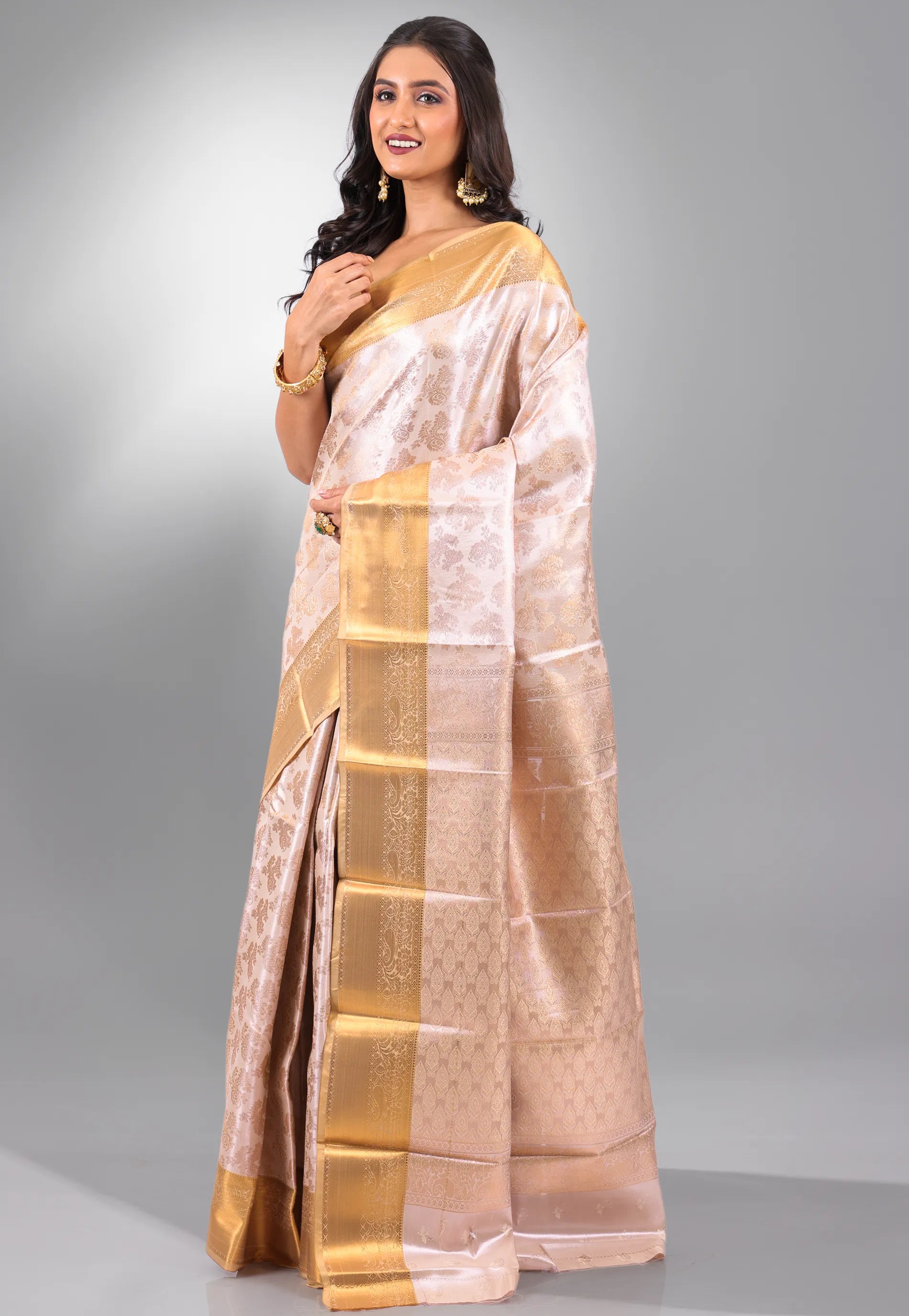 Beige Brocade with Golden Border Tissue Kanjivaram Silk Saree With Blouse Piece - Adi Akshoy & Co.