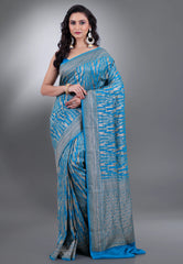 Turquoise Blue with Zari work Khaddi Georgette Benarasi Saree with Blouse Piece - Adi Akshoy & Co.