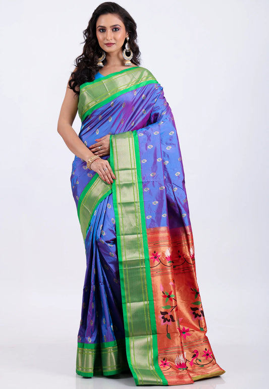 Dual Shades of Purple & Blue with Green Border Pure Paithani Silk Saree With Blouse Piece - Adi Akshoy & Co.