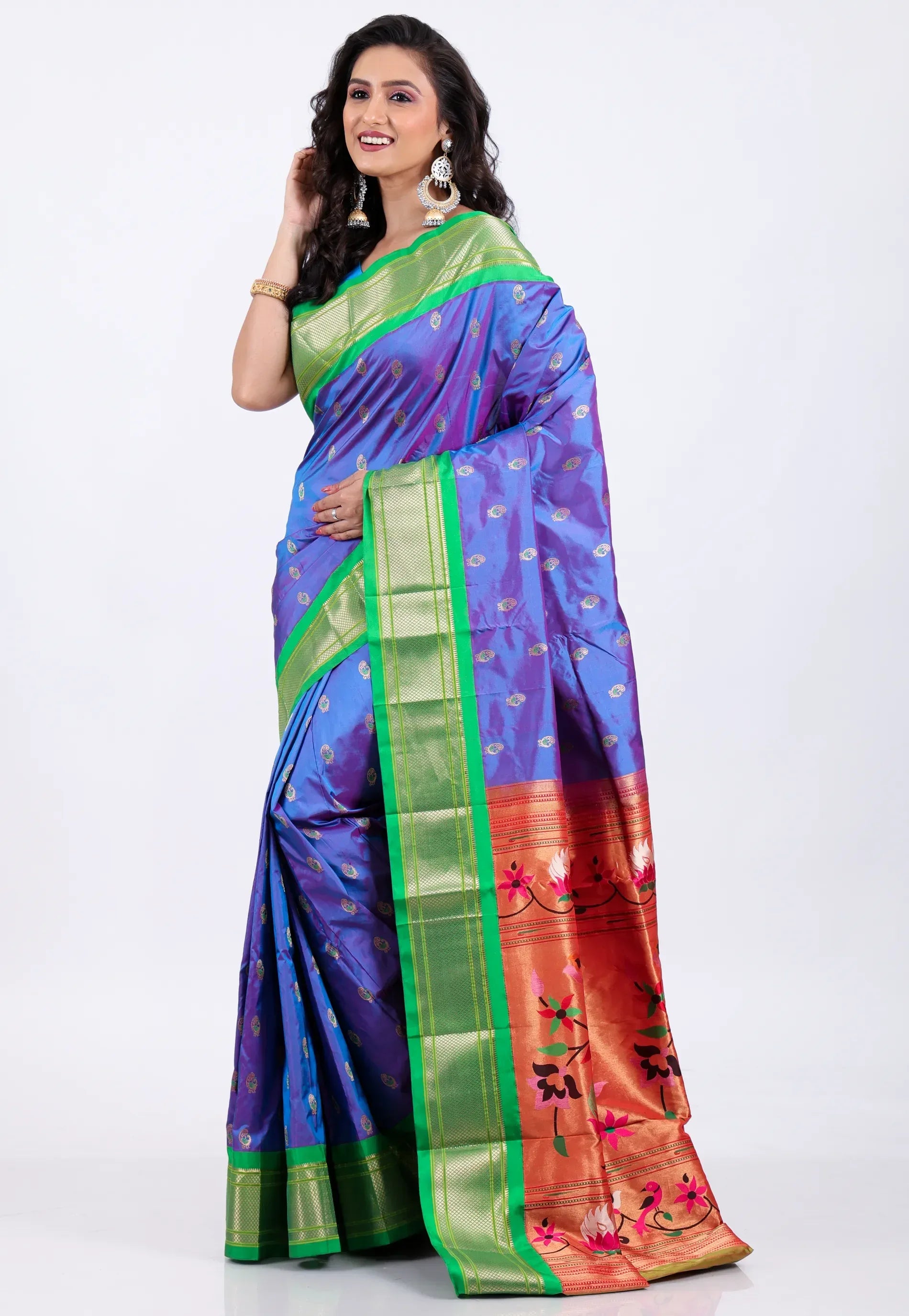 Dual Shades of Purple & Blue with Green Border Pure Paithani Silk Saree With Blouse Piece - Adi Akshoy & Co.