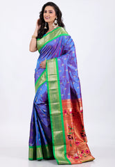 Dual Shades of Purple & Blue with Green Border Pure Paithani Silk Saree With Blouse Piece - Adi Akshoy & Co.