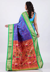 Dual Shades of Purple & Blue with Green Border Pure Paithani Silk Saree With Blouse Piece - Adi Akshoy & Co.