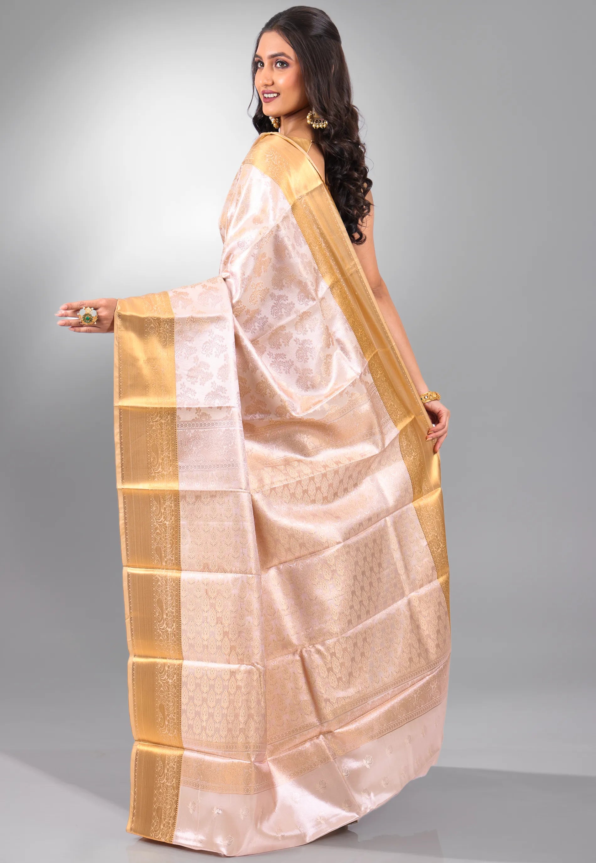 Beige Brocade with Golden Border Tissue Kanjivaram Silk Saree With Blouse Piece - Adi Akshoy & Co.