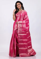 Rani Pink with Zari work Kanjivaram Silk Saree With Blouse Piece - Adi Akshoy & Co.
