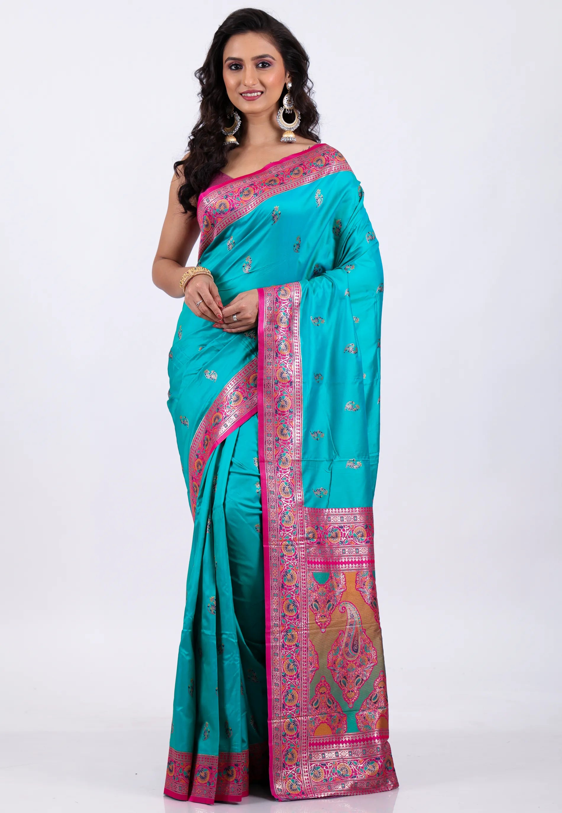 Rama Green with Rani Border Kanjivaram Silk Saree With Blouse Piece - Adi Akshoy & Co.