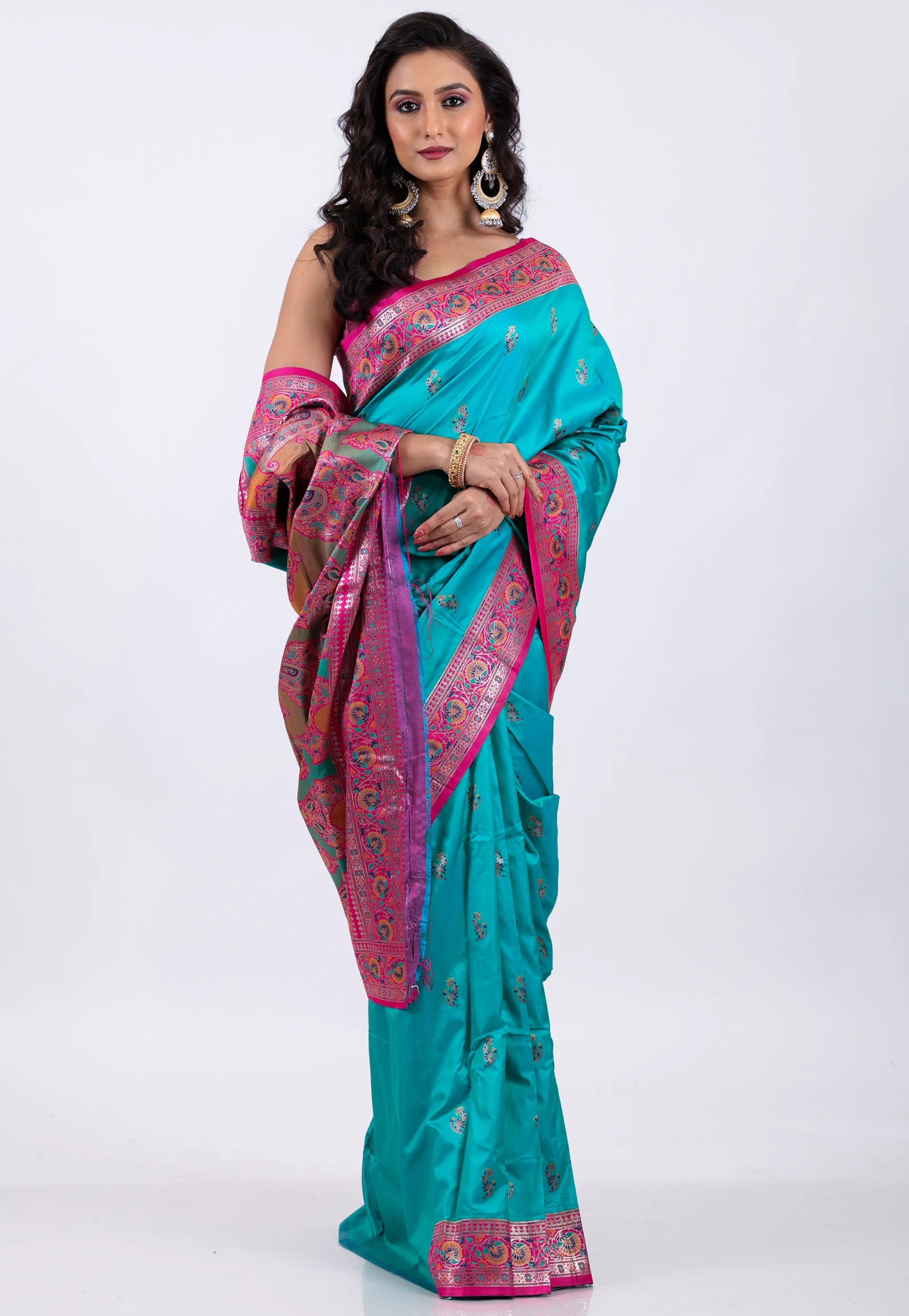 Rama Green with Rani Border Kanjivaram Silk Saree With Blouse Piece - Adi Akshoy & Co.