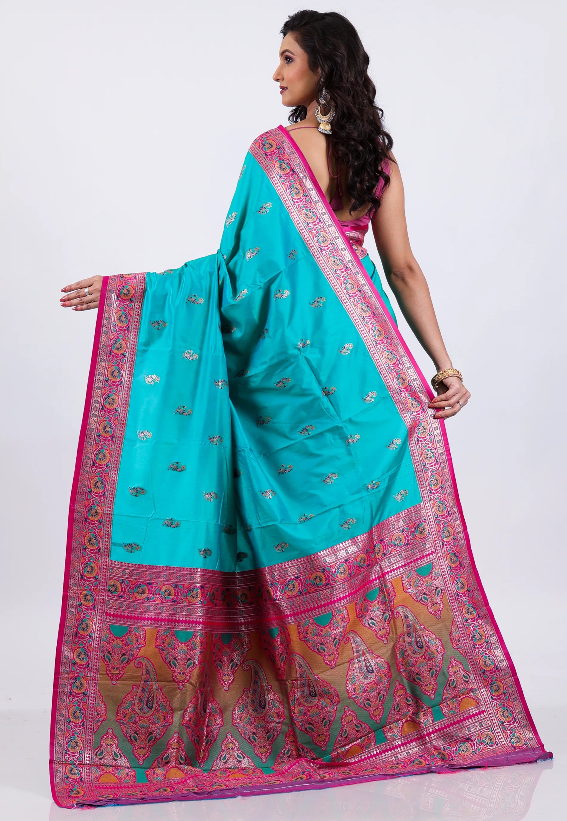 Rama Green with Rani Border Kanjivaram Silk Saree With Blouse Piece - Adi Akshoy & Co.