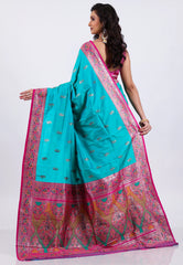 Rama Green with Rani Border Kanjivaram Silk Saree With Blouse Piece - Adi Akshoy & Co.
