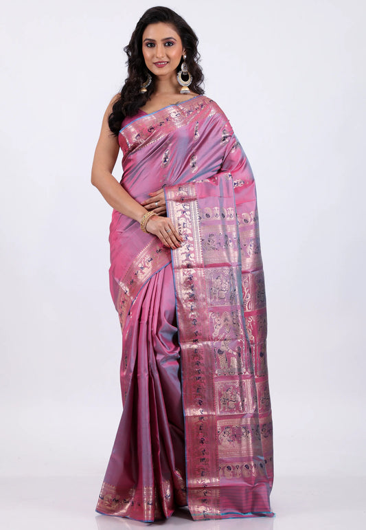 Dual Shades of Pink & Purple Pure Baluchari Silk Saree with Blouse Piece - Adi Akshoy & Co.