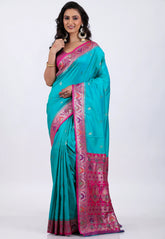 Rama Green with Rani Border Kanjivaram Silk Saree With Blouse Piece - Adi Akshoy & Co.