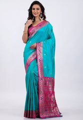 Rama Green with Rani Border Kanjivaram Silk Saree With Blouse Piece - Adi Akshoy & Co.
