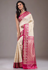 Beige with Rani Border Kanjivaram Silk Saree With Blouse Piece - Adi Akshoy & Co.