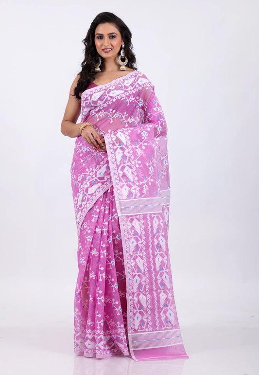 Pink Dhakai Jamdani Cotton Saree without Blouse Piece - Adi Akshoy & Co.