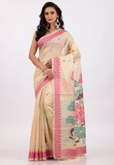 Beige with Rani Border Tussar Silk Saree with Blouse Piece - Adi Akshoy & Co.