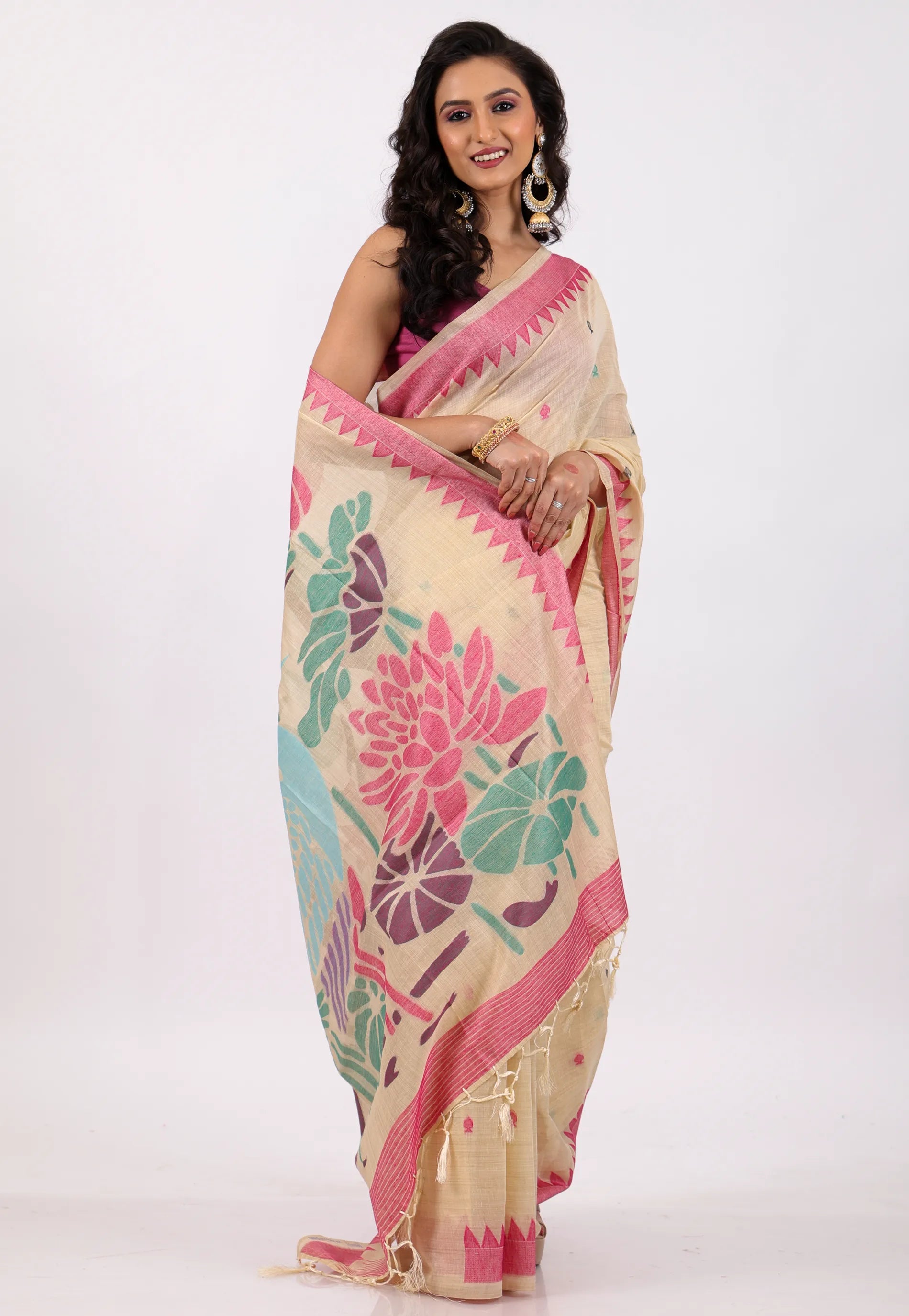 Beige with Rani Border Tussar Silk Saree with Blouse Piece - Adi Akshoy & Co.
